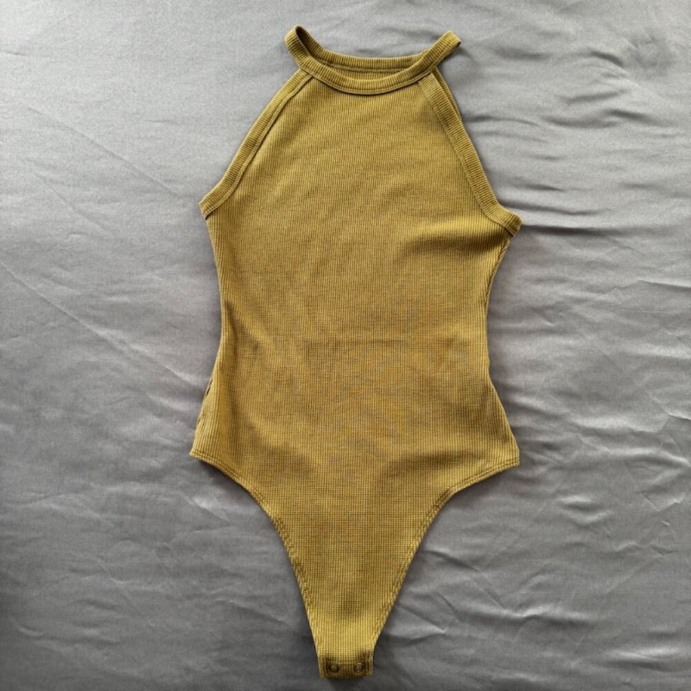 American Eagle Waffle High Neck Bodysuit Sz Medium Green
